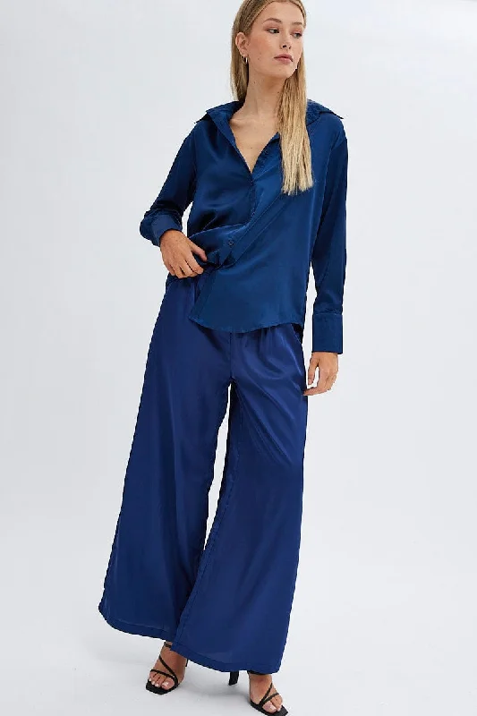 Blue Shirt Long Sleeve Collared Longline Satin