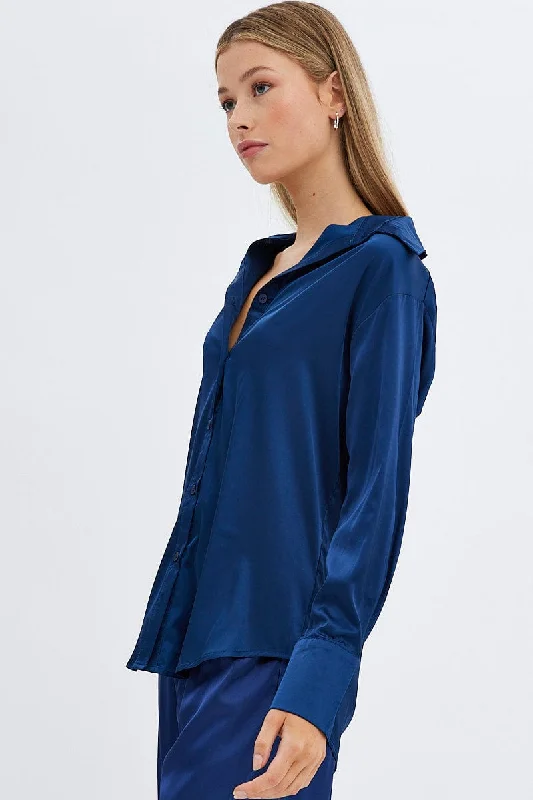 Blue Shirt Long Sleeve Collared Longline Satin