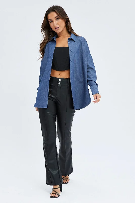 Blue Shirt Long Sleeve Collared Oversized Button Up