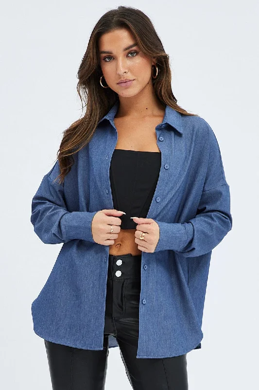 Blue Shirt Long Sleeve Collared Oversized Button Up