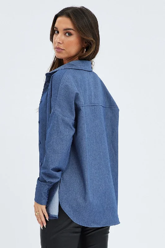 Blue Shirt Long Sleeve Collared Oversized Button Up