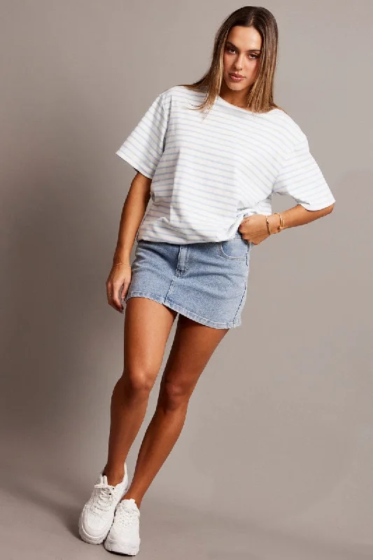 Blue Stripe Oversized T Shirt Short Sleeve Crew Neck