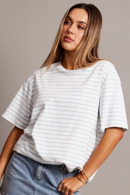 Blue Stripe Oversized T Shirt Short Sleeve Crew Neck