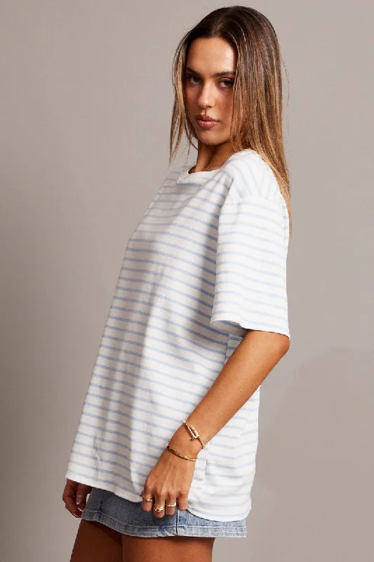 Blue Stripe Oversized T Shirt Short Sleeve Crew Neck