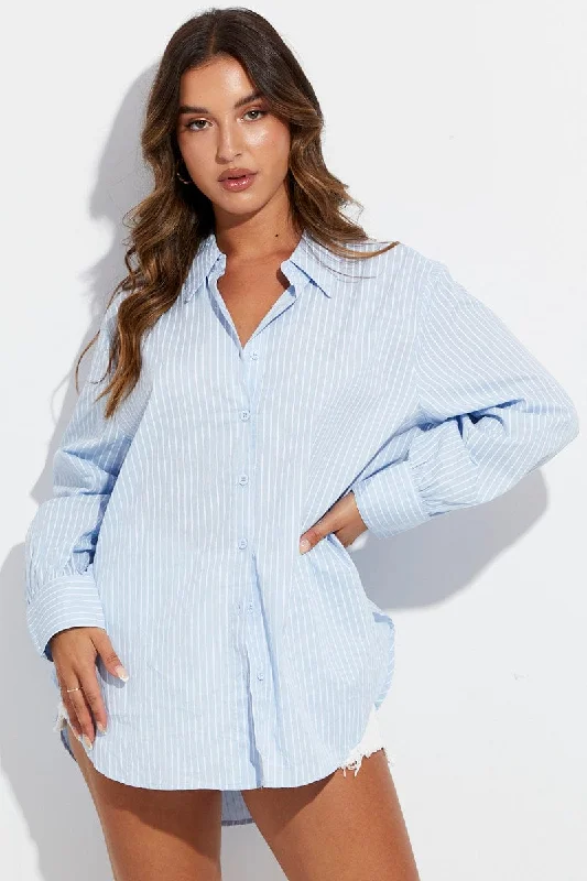 Blue Stripe Shirt Long Sleeve Collar