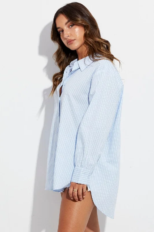 Blue Stripe Shirt Long Sleeve Collar