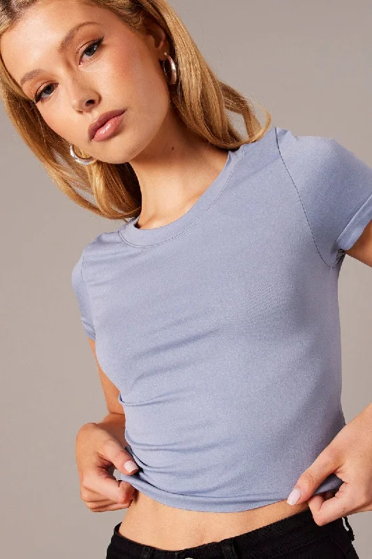 Blue T Shirt Short Sleeve Crew Neck Seamless