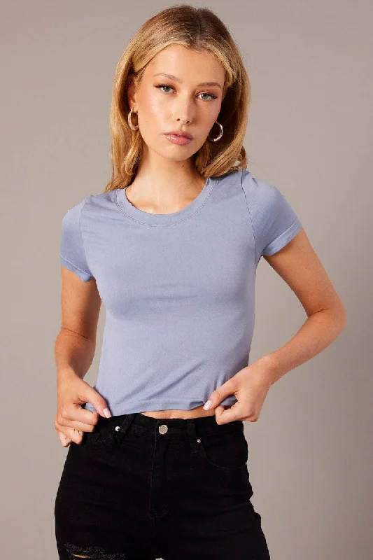 Blue T Shirt Short Sleeve Crew Neck Seamless