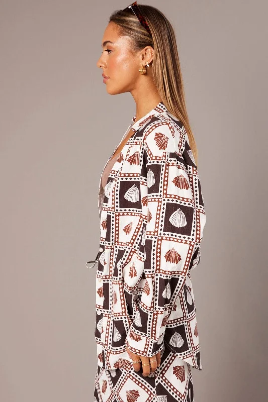 Brown Abstract Relaxed Shirt Long Sleeve Linen Blend