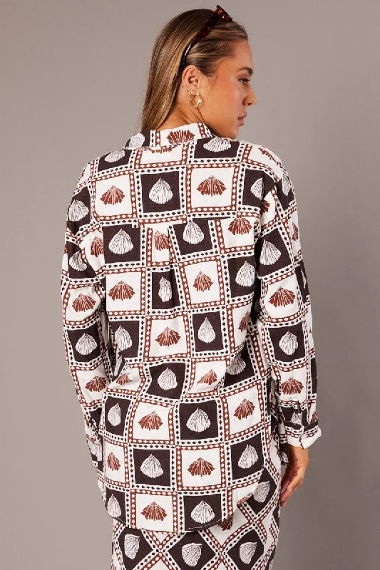 Brown Abstract Relaxed Shirt Long Sleeve Linen Blend