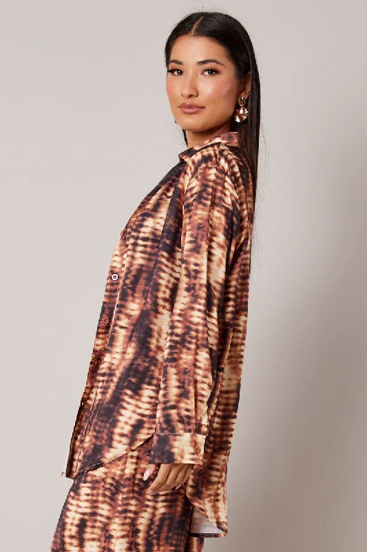 Brown Abstract Relaxed Shirt Long Sleeve Satin