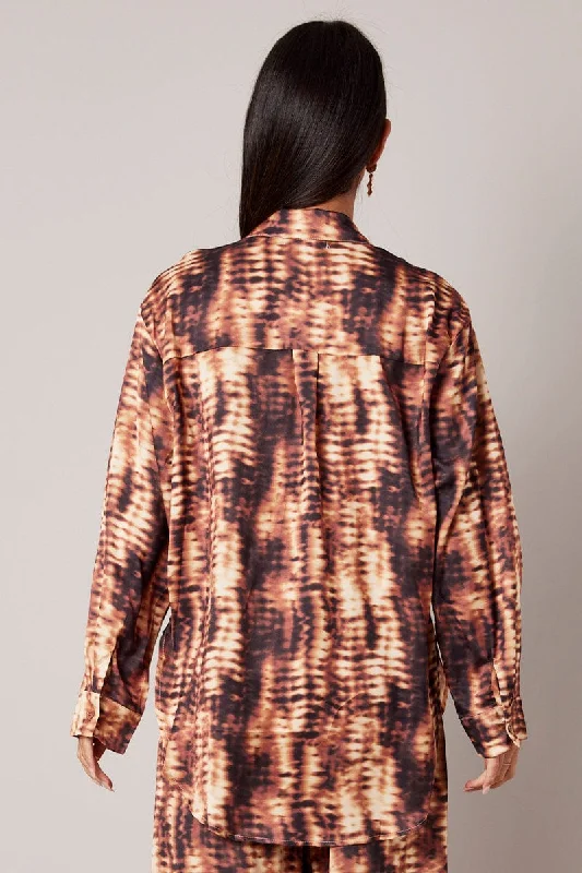 Brown Abstract Relaxed Shirt Long Sleeve Satin