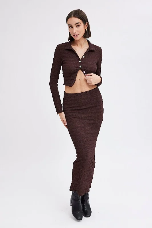 Brown Crop Shirt Long Sleeve Collar Textured