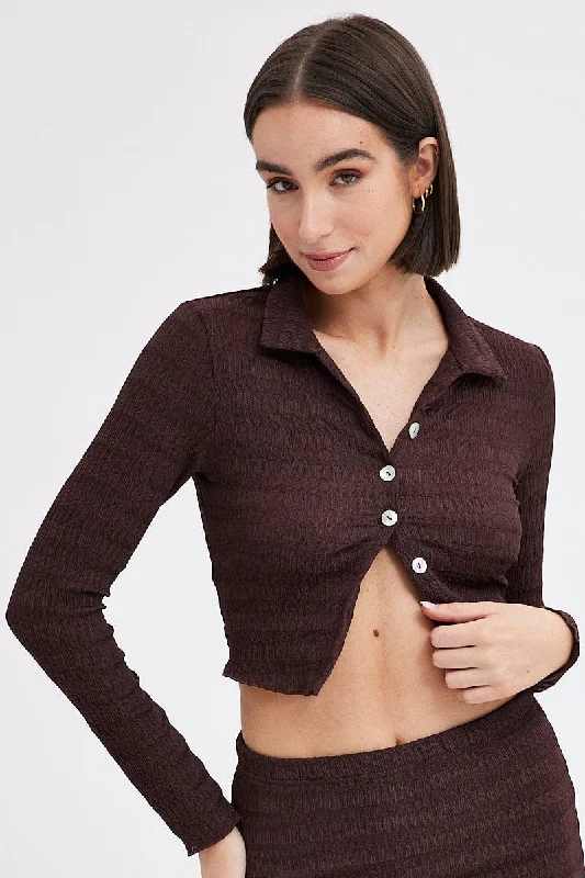 Brown Crop Shirt Long Sleeve Collar Textured