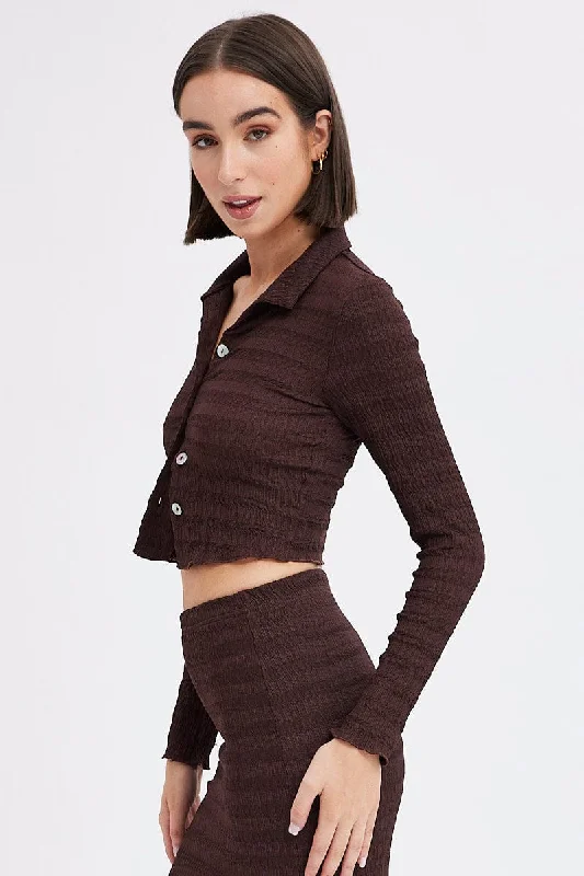 Brown Crop Shirt Long Sleeve Collar Textured