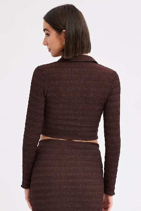 Brown Crop Shirt Long Sleeve Collar Textured