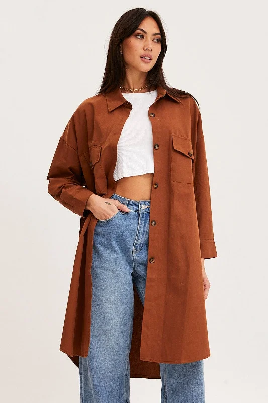 Brown Oversized Shirts Long Sleeve Collared