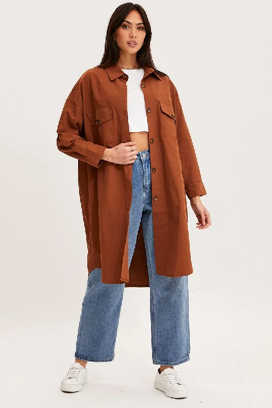 Brown Oversized Shirts Long Sleeve Collared