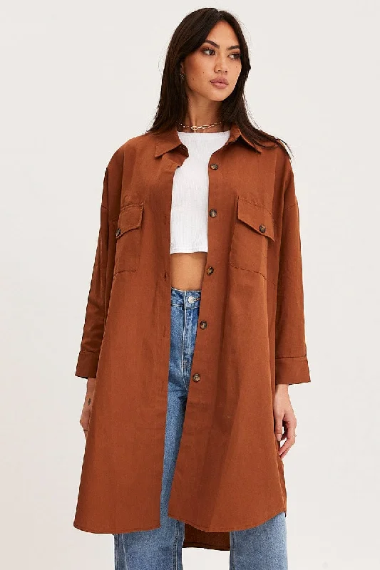 Brown Oversized Shirts Long Sleeve Collared