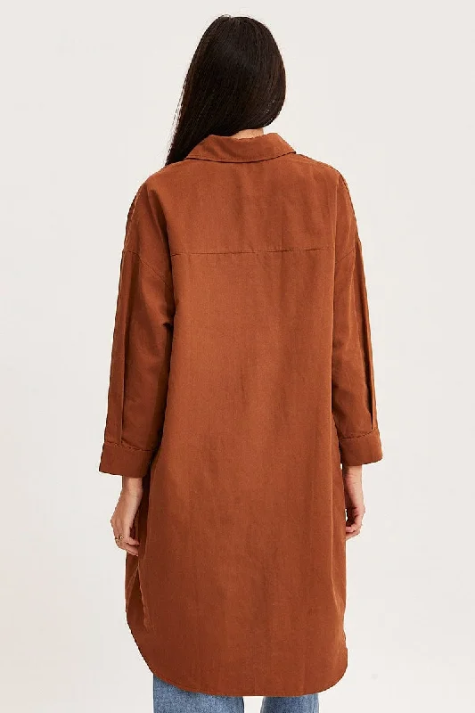 Brown Oversized Shirts Long Sleeve Collared