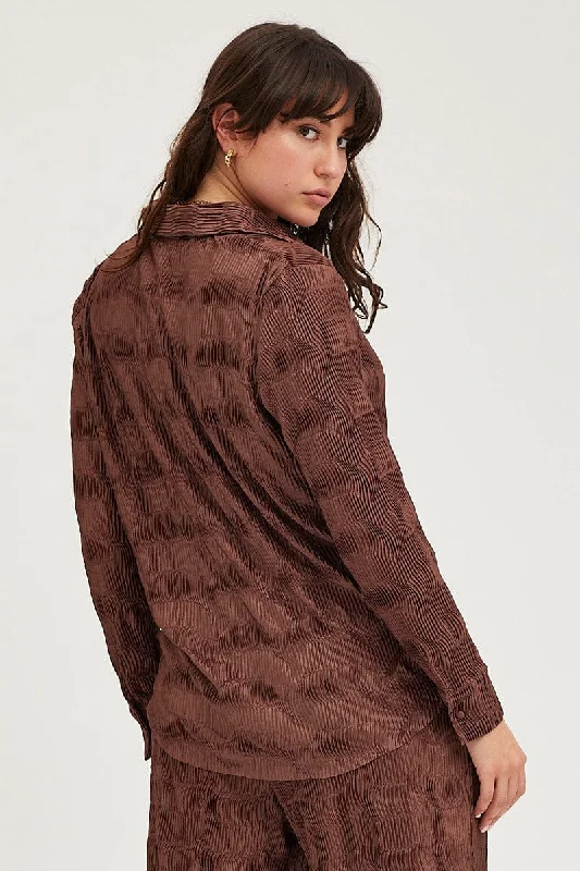 Brown Plisse Shirts Long Sleeve