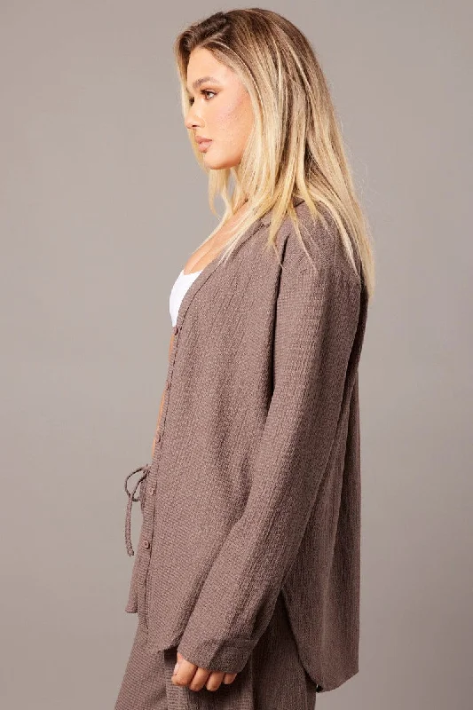 Brown Relaxed Shirt Long Sleeve Textured