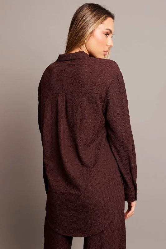 Brown Relaxed Shirt Long Sleeve Textured