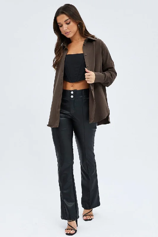 Brown Shirt Long Sleeve Collared Oversized Button Up