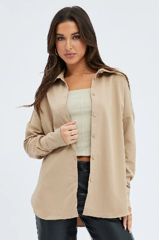 Camel Shirt Long Sleeve Collared Oversized Button Up