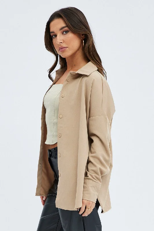 Camel Shirt Long Sleeve Collared Oversized Button Up