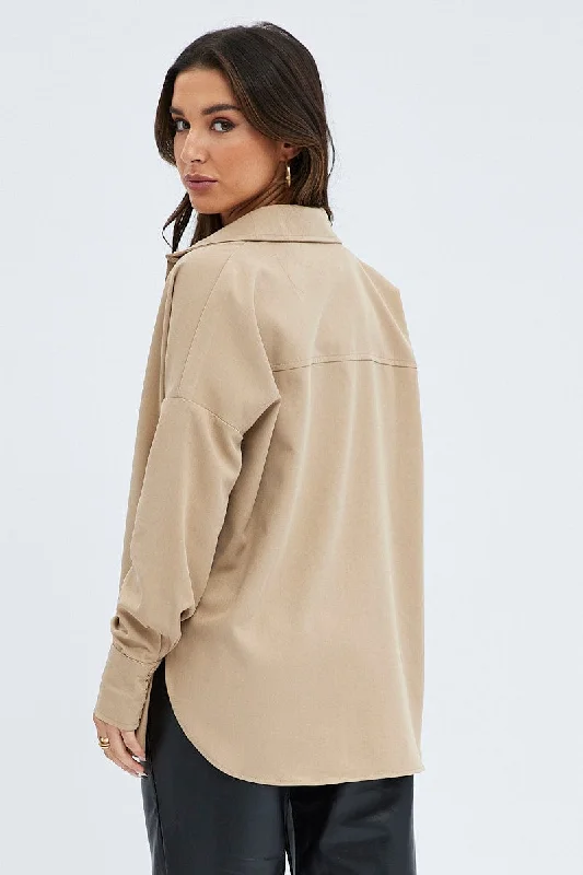 Camel Shirt Long Sleeve Collared Oversized Button Up