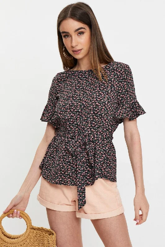 Floral Print Frill Sleeve Blouse