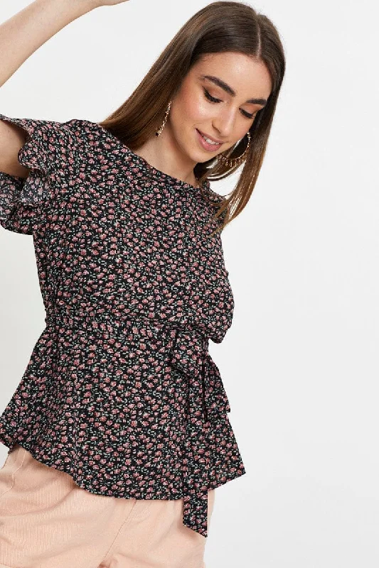 Floral Print Frill Sleeve Blouse