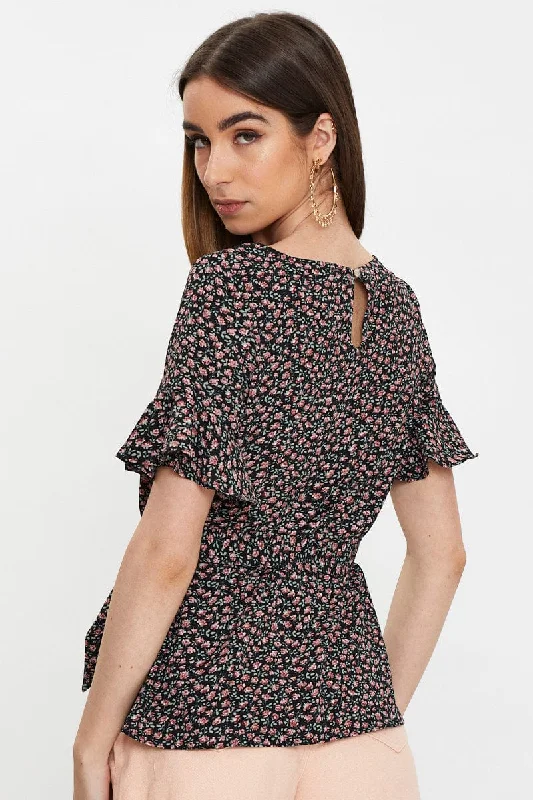 Floral Print Frill Sleeve Blouse