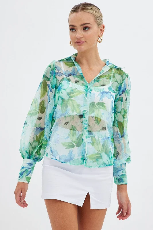 Green Floral Long Sleeve Shirt Chiffon Collared