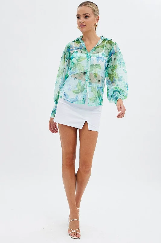 Green Floral Long Sleeve Shirt Chiffon Collared