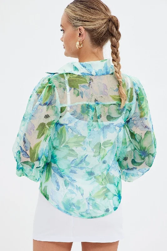 Green Floral Long Sleeve Shirt Chiffon Collared