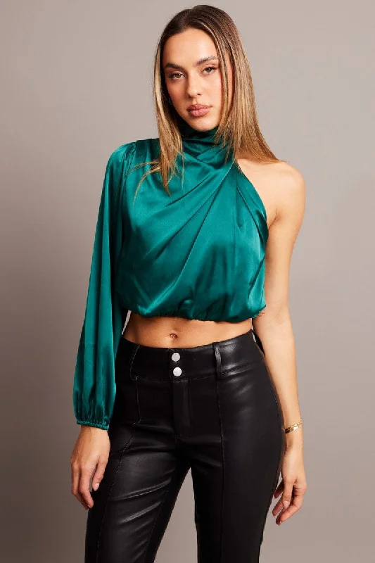 Green High Neck Blouse One Sleeve Asymmetric Top