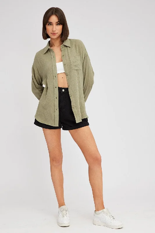 Green Oversized Shirt Long sleeve Collared Neck