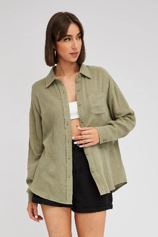 Green Oversized Shirt Long sleeve Collared Neck