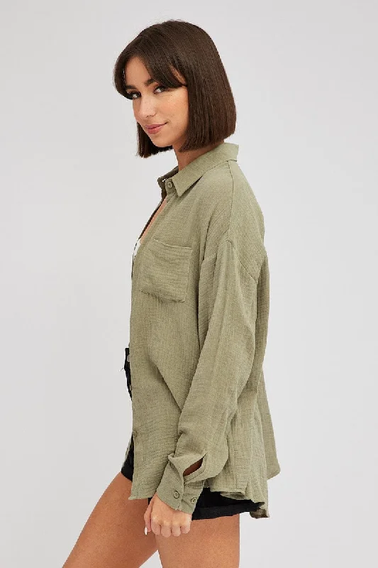 Green Oversized Shirt Long sleeve Collared Neck