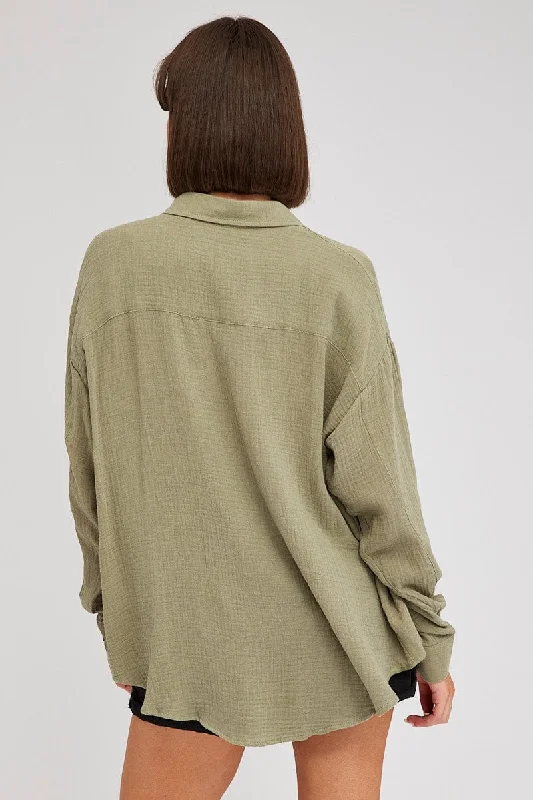 Green Oversized Shirt Long sleeve Collared Neck