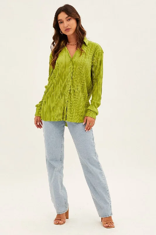 Green Plisse Shirt Long Sleeve V Neck Longline