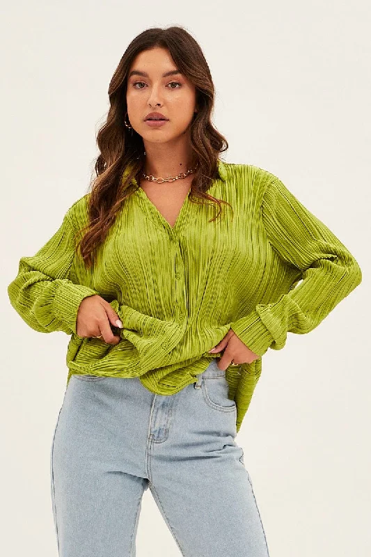 Green Plisse Shirt Long Sleeve V Neck Longline