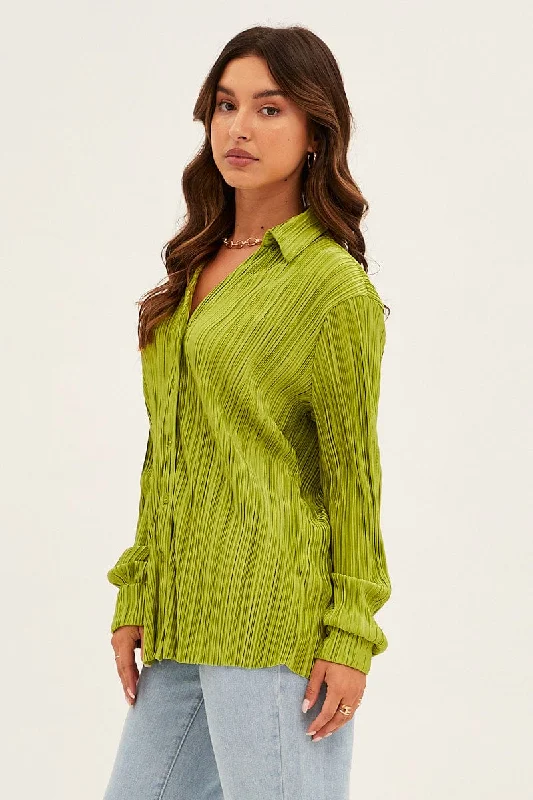 Green Plisse Shirt Long Sleeve V Neck Longline