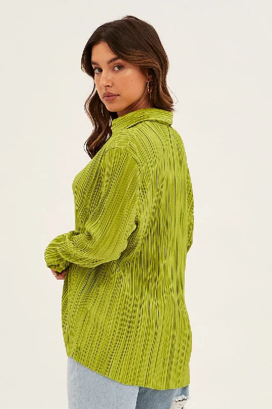 Green Plisse Shirt Long Sleeve V Neck Longline