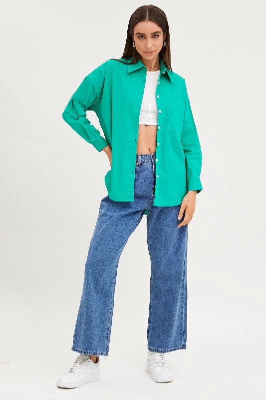 Green Relaxed Shirts Long Sleeve Button Up