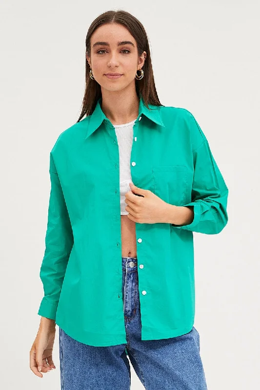 Green Relaxed Shirts Long Sleeve Button Up