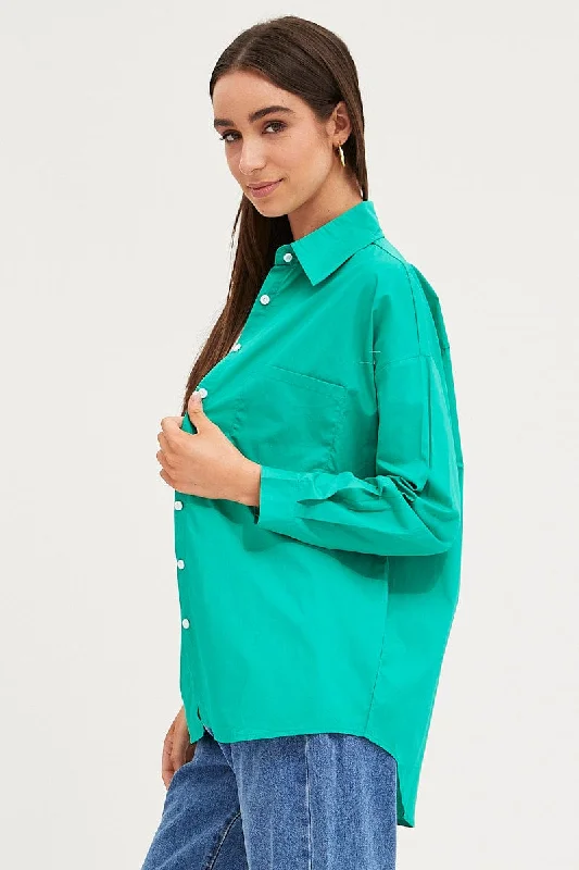 Green Relaxed Shirts Long Sleeve Button Up