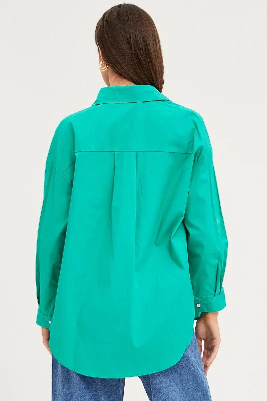 Green Relaxed Shirts Long Sleeve Button Up